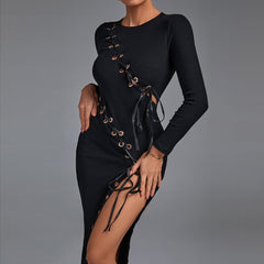 Round Neck Long Sleeve Lace Up Over Knee Bodycon Dress