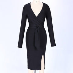 V Neck Long Sleeve Slitted Over Knee Bandage Dress HJ647