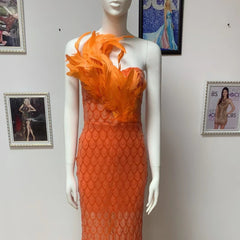 Strapless Sleeveless Feather Maxi Bodycon Dress