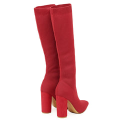 Chunky Heel Pointed Toe Sock Boots