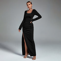Square Collar Long Sleeve Maxi Tie Bodycon Dress