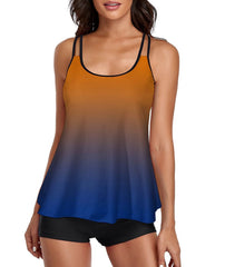Tankini Gradient Orange Blue Tank Top Two Piece Bathing Suits with Boyshorts