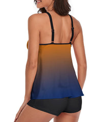 Tankini Gradient Orange Blue Tank Top Two Piece Bathing Suits with Boyshorts