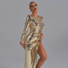 Round Neck Maxi Diamente Embellished Bodycon Dress