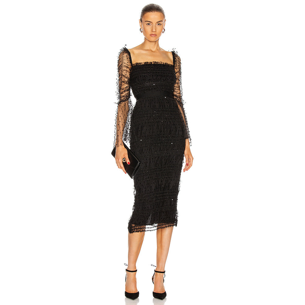 Square Collar Midi Polka Dots Bodycon Dress