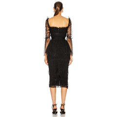 Square Collar Midi Polka Dots Bodycon Dress