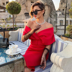 Off Shoulder Short Sleeve With Belt Midi Bodycon Dress H1728