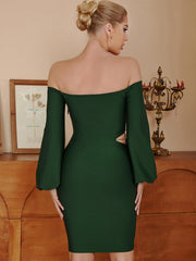 Off Shoulder Long Sleeve Midi Exposed Waist Bandage Dress