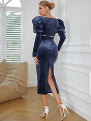 Square Collar Puff Sleeve Midi Bodycon Dress