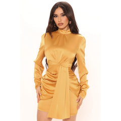 High Neck Long Sleeve Mini Wrinkled Bodycon Dress