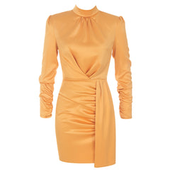 High Neck Long Sleeve Mini Wrinkled Bodycon Dress