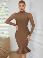 High Neck Long Sleeve Over Knee Flouncing Bandage Dress