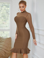 High Neck Long Sleeve Over Knee Flouncing Bandage Dress