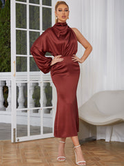 High Neck Long Sleeve Midi One Sleeve Bodycon Dress