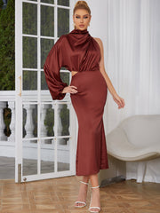 High Neck Long Sleeve Midi One Sleeve Bodycon Dress