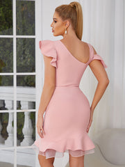 Square Collar Short Sleeve Mini Lace Up Bandage Dress