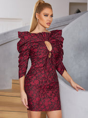 Round Neck 3/4 Sleeve Mini Hollow out Bodycon Dress