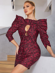 Round Neck 3/4 Sleeve Mini Hollow out Bodycon Dress