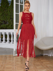 Square Collar Sleeveless Midi Tassels Bandage Dress