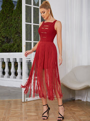 Square Collar Sleeveless Midi Tassels Bandage Dress