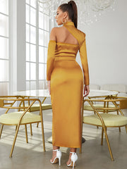 High Neck Long Sleeve Maxi Side Slit Bandage Dress