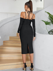 Off Shoulder Long Sleeve Tie Midi Bandage Dress