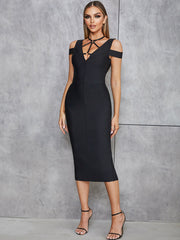 V Neck Short Sleeve Zipper Midi Bandage Dress