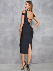 V Neck Short Sleeve Zipper Midi Bandage Dress