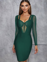 Square Collar Long Sleeve Over Knee Tulle Bandage Dress