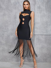 High Neck Sleeveless Maxi Tassels Bandage Dress