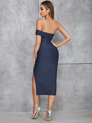 One Shoulder Short Sleeve Pearl Midi Bandage Dress