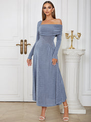 One Shoulder Long Sleeve Maxi Frill Bodycon Dress