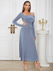 One Shoulder Long Sleeve Maxi Frill Bodycon Dress