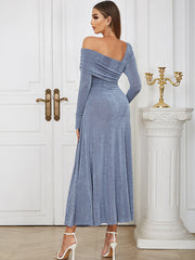 One Shoulder Long Sleeve Maxi Frill Bodycon Dress