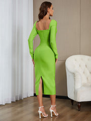 Square Collar Diamente Embellished Midi Bandage Dress