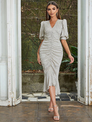 V Neck Short Sleeve Flouncing Midi Bodycon Dress