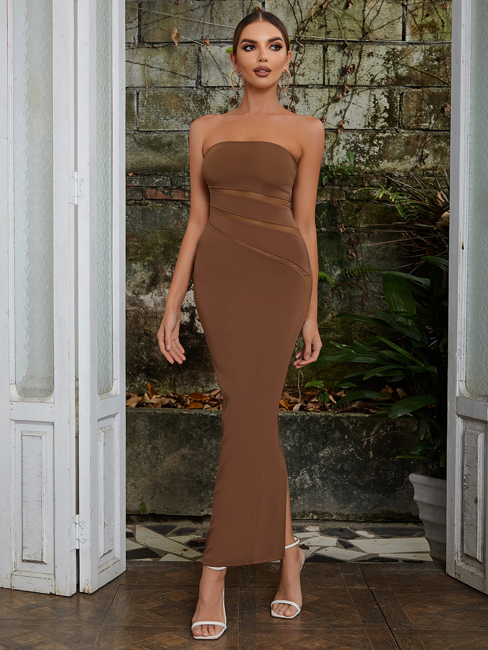 Strapless Sleeveless Slit Maxi Bodycon Dress