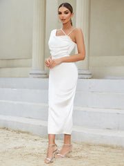 One Shoulder Sleeveless Lace Up Maxi Bodycon Dress