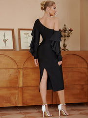 One Shoulder Long Sleeve Midi Lace Up Bandage Dress