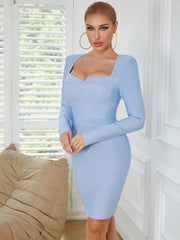 Square Collar Long Sleeve Midi Polka Dots Bandage Dress