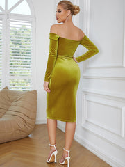 Off Shoulder Long Sleeve Midi Wrinkled Bodycon Dress