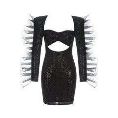 Square Collar Long Sleeve Mini Sequined Bodycon Dress