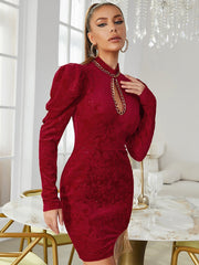 Red High Neck Long Sleeve Mini Chain Bodycon Dress