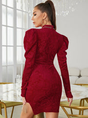 Red High Neck Long Sleeve Mini Chain Bodycon Dress