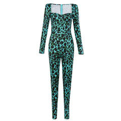 Square Collar Long Sleeve Leopard Print Bodycon Jumpsuit