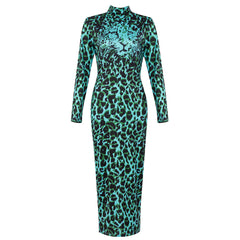 High Neck Long Sleeve Midi Leopard Print Bodycon Dress
