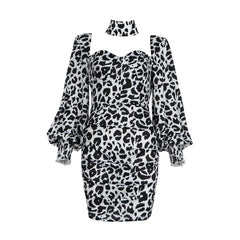 Square Collar Long Sleeve Patterned Mini Bodycon Dress