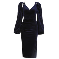 V Neck Long Sleeve Cut Out Midi Bodycon Dress