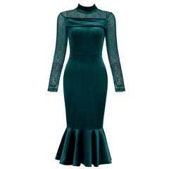 High Neck Long Sleeve Fishtail Midi Bodycon Dress