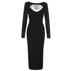 Round Neck Long Sleeve Tassels Bandage Dress